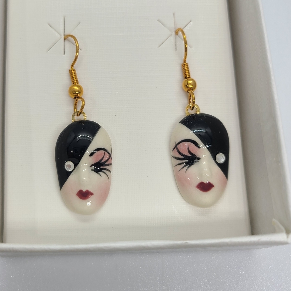 Vintage Fancy Faces Hand Painted Porcelain Dangle Earrings Eclipse Mask